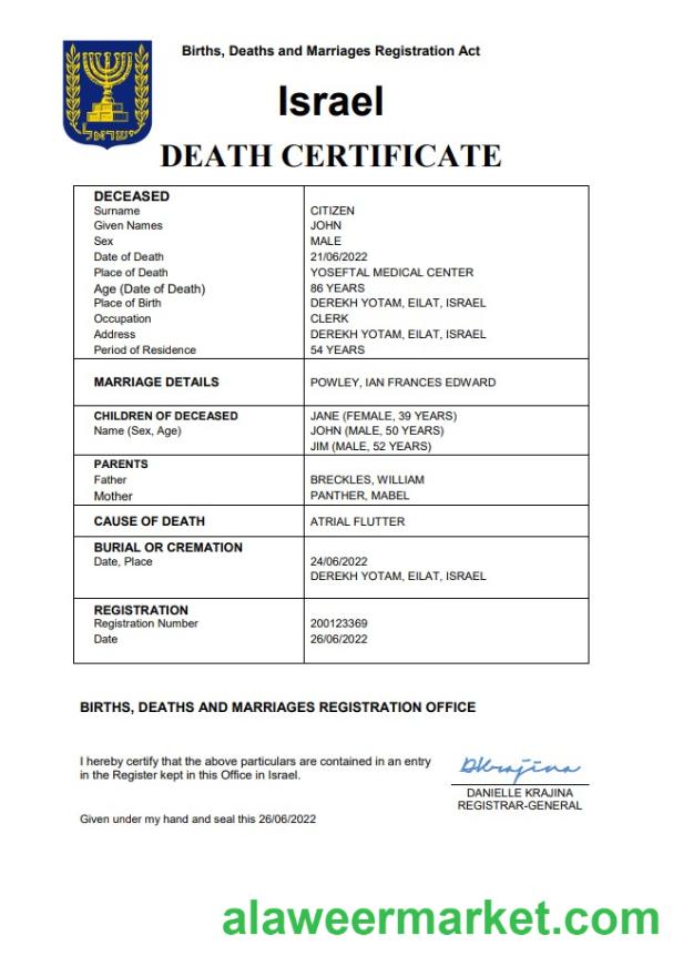 Israel death certificate Word and PDF template